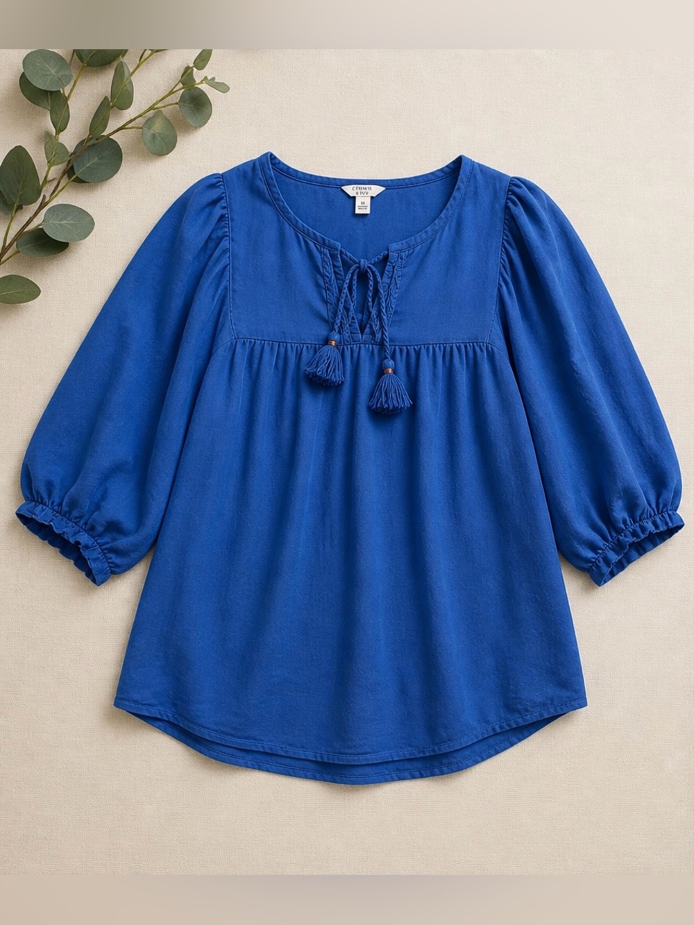 Crown & Ivy Blue Boho Tassel Blouse | Oversized Fit | Peasant Top | Size M